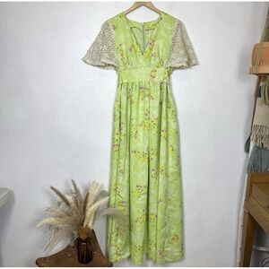 Vintage Handmade 70s Green Maxi Floral Dress‎ Pace Flutter Sleeves Boho Groovy